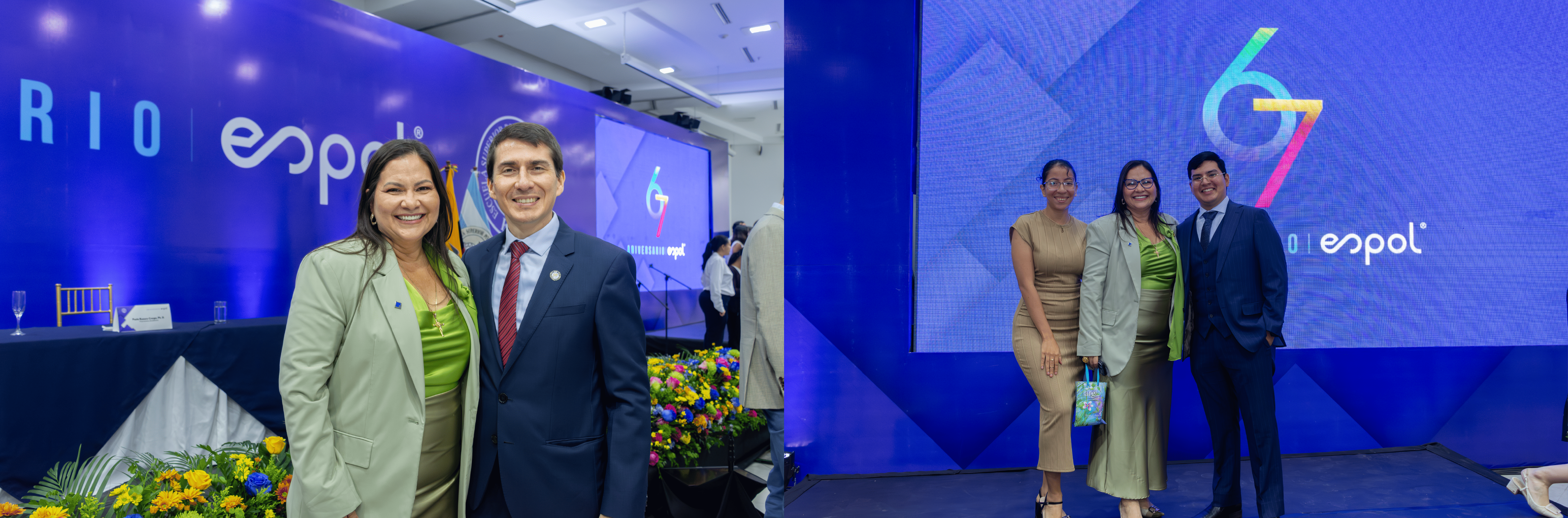 Cecilia Paredes, rectora de ESPOL y Rómulo Salazar González, decano de FIMCP. María Emilia Montoya y Jair Alvarado, Mecatrónica.