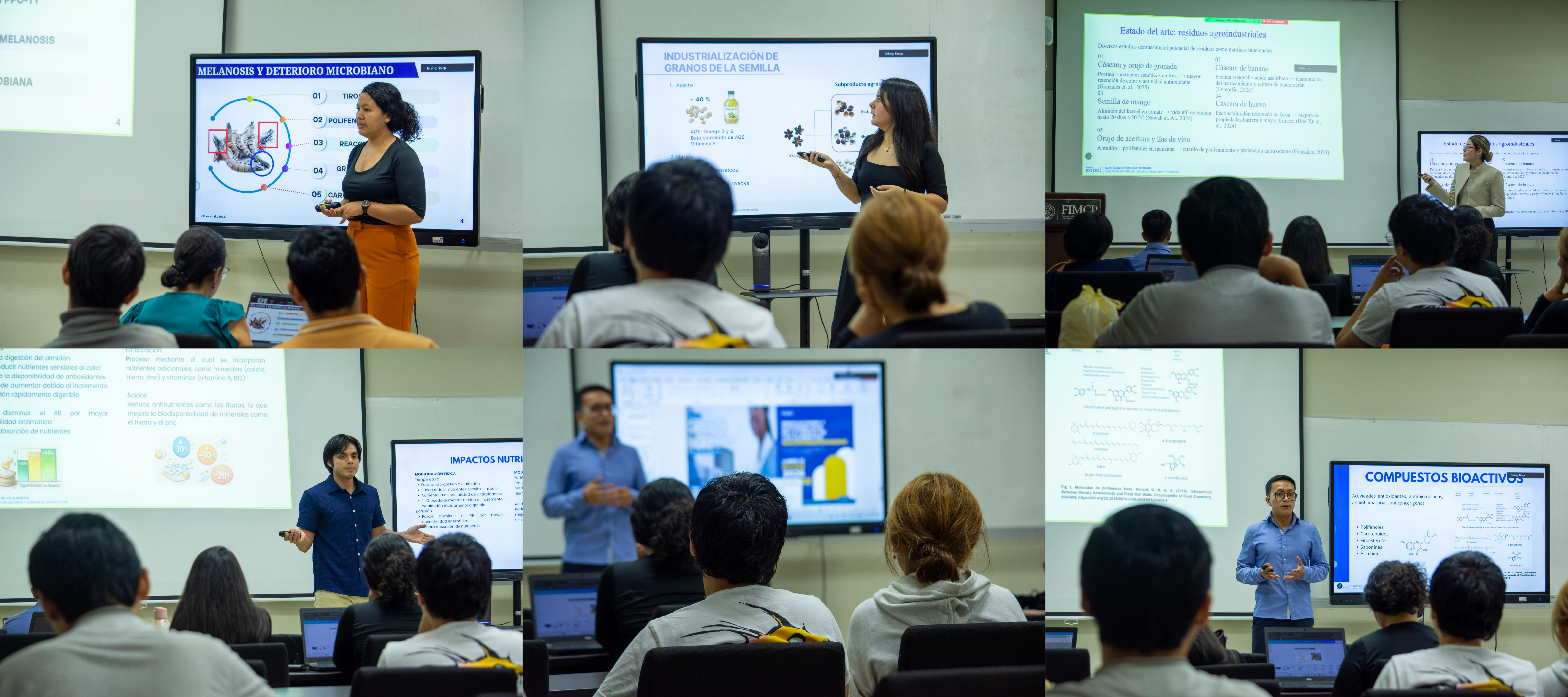 Collage de 6 fotos II Seminario de Innovación y Sostenibilidad en la Ciencia de los Alimentos 2026 FIMCP ESPOL Ingeniería en Alimentos Masterado en Ciencia de los Alimentos POSTGRADOS ESPOL