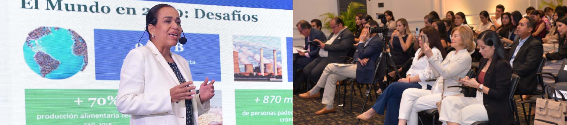 Fabiola Cornejo durante su charla (foto de la izquierda) y públi presente durante la charla (foto de la derecha)