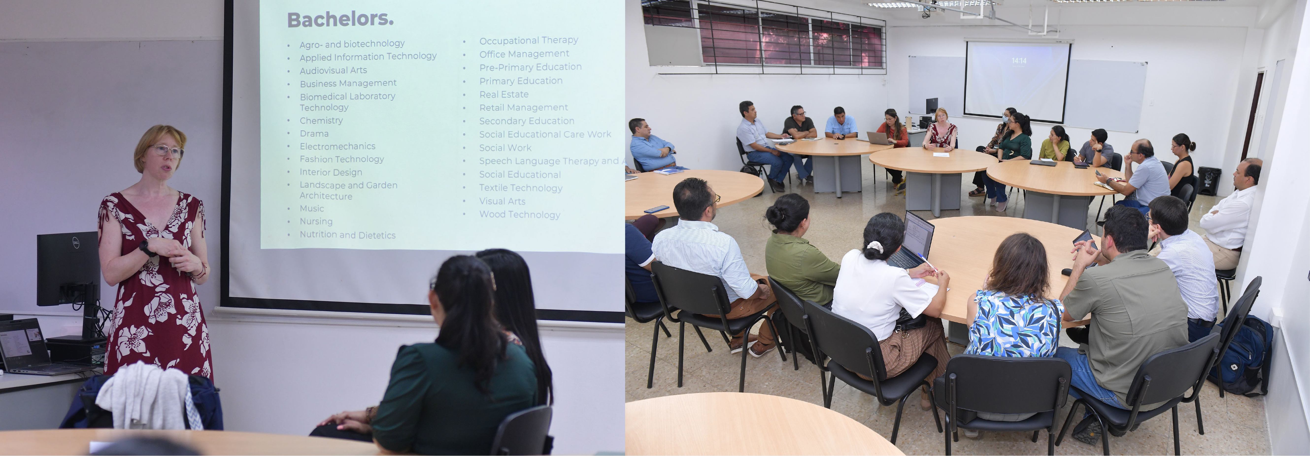 Collage de 2 fotos de Visita de Representante HoGENT con autoridades de ESPOL y FIMCP