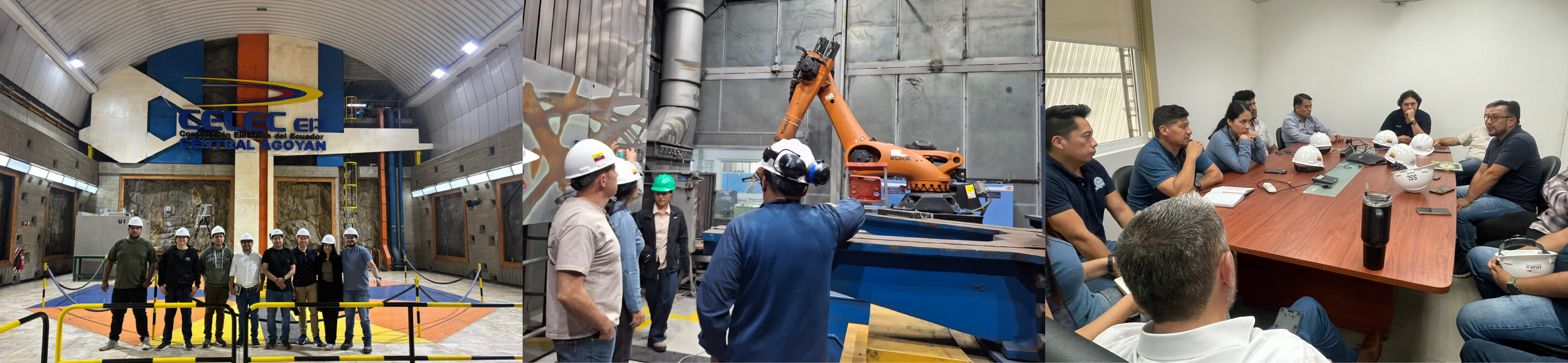 collage de 3 fotos de profesores de FIMCP en planta hidroeléctrica Agoyán de CELEC EP