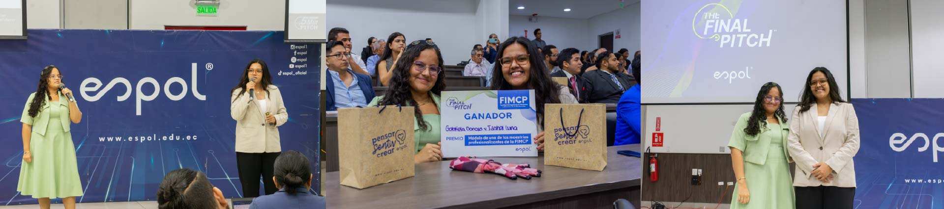 Collage de 3 fotos con las ganadoras de The Final Pitch; Gabriela Donoso e Isabel Luna