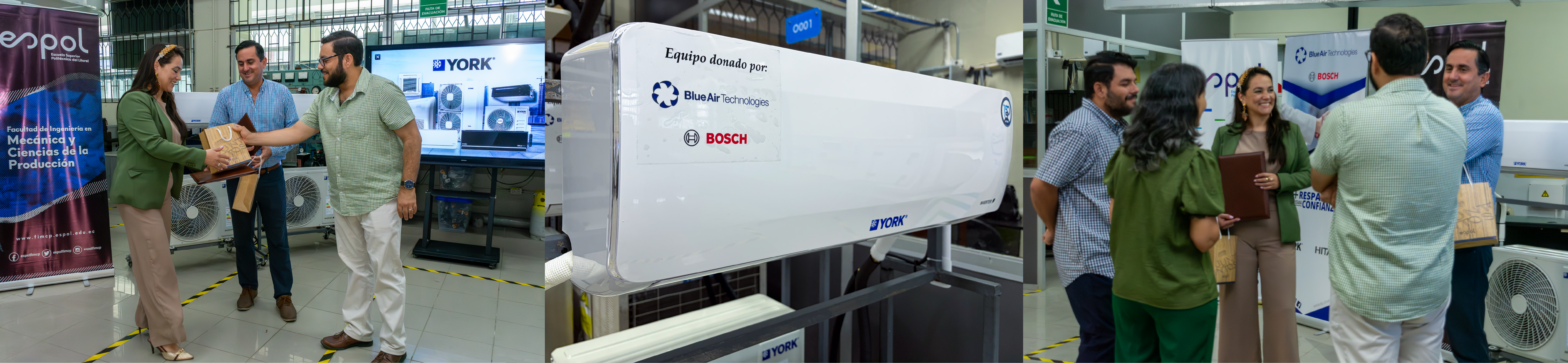Collage de 3 fotos: Reconocimiento a Ing. Laura Rueda por parte de M. Sc. Frank Porras; Close-up de Equipo York donado por Blue Air Technologies; Intercambio de palabras entre M. Sc. Fausto Maldonado, Ph. D. Ana Rivas, Ing. Laura Rueda, M. Sc. Frank Porras e Ing. Santiago García.