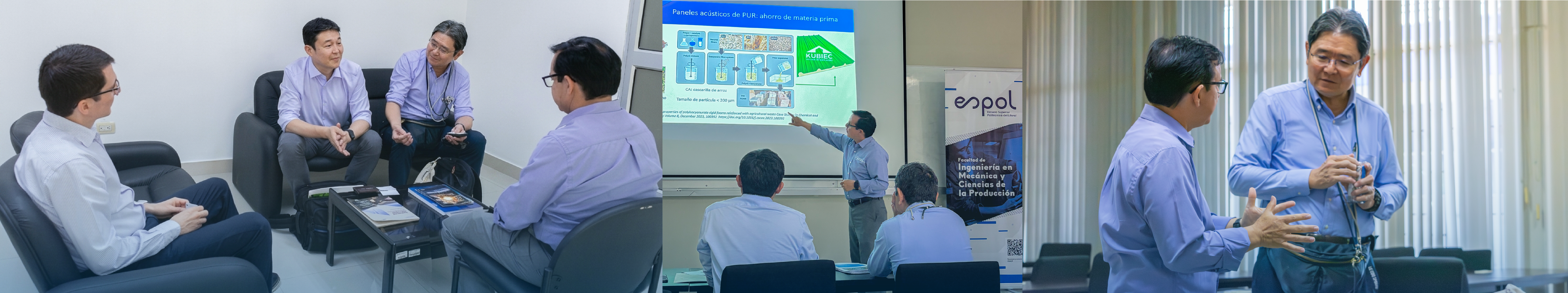 Collage 3 fotos: Ph. D. Rómulo Salazar junto a Ph. D. Andrés Rigail y representantes de JICA Ecuador y Hemicellulose Japan