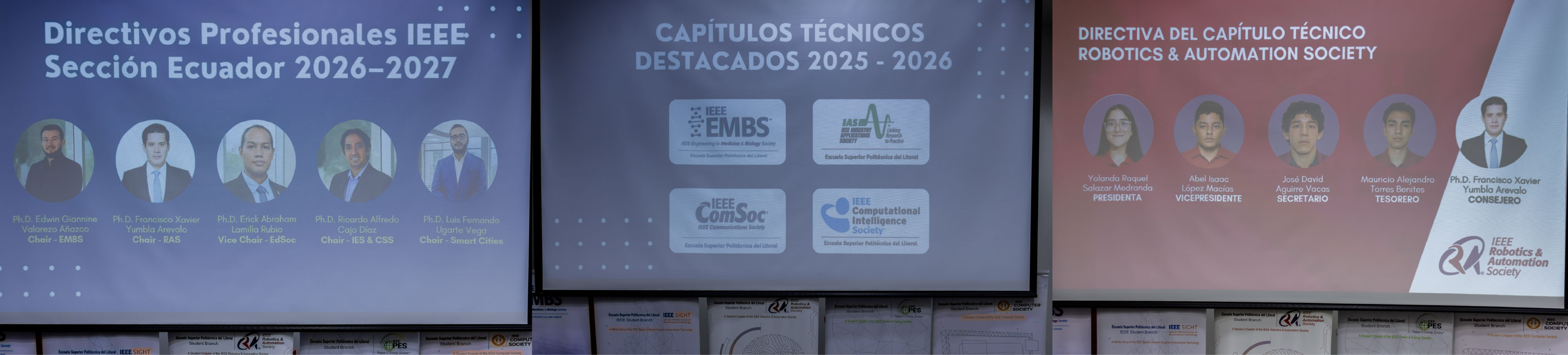 Collage de 3 fotos de Reconocimiento a Profesores Consejeros de Capítulos Estudiantiles de IEEE ESPOL como el Ph. D. Francisco Yumbla Arévalo