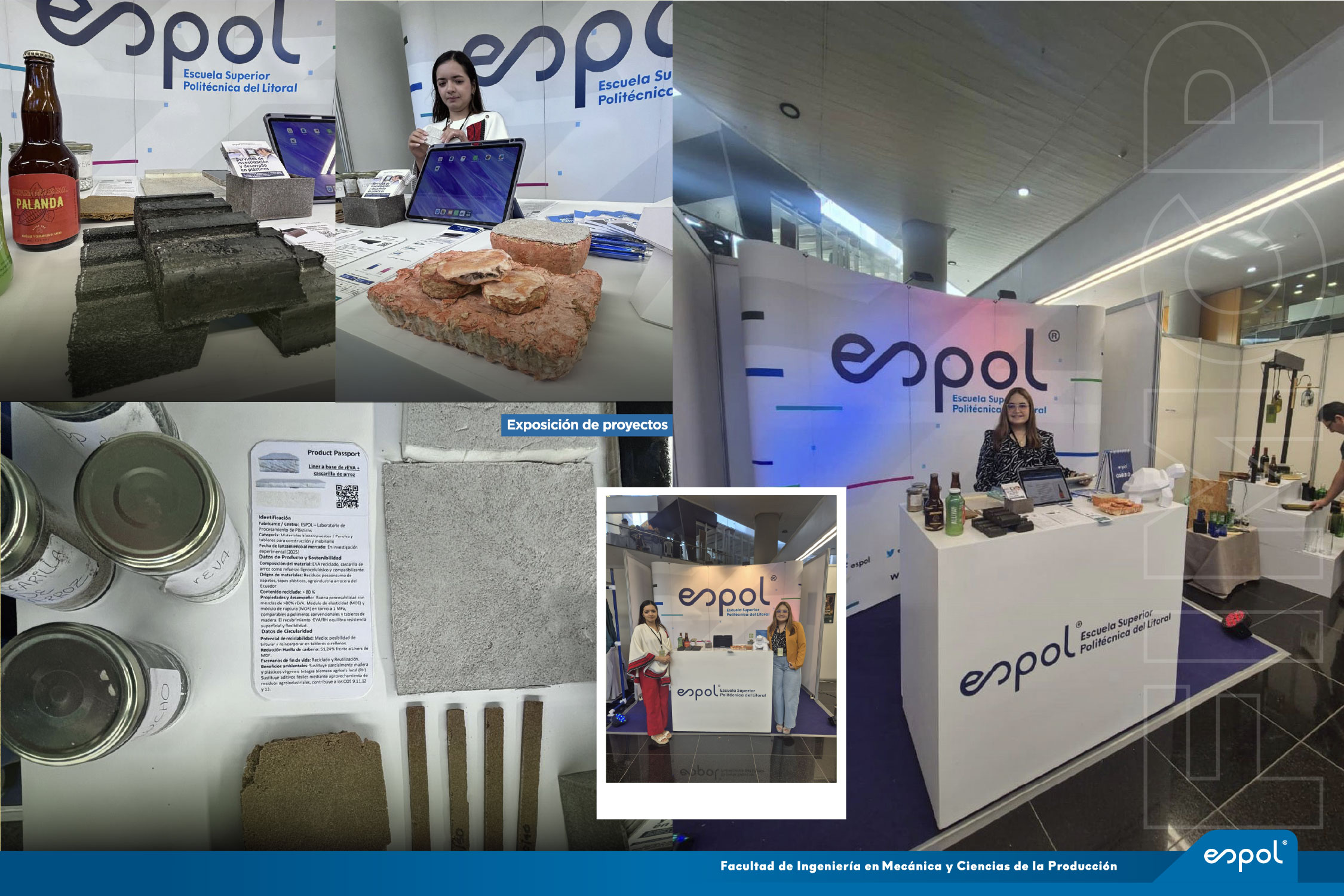 Collage de 4 fotos de stand del Laboratorio de Procesamiento de Plásticos y la OTRI en Feria Expo Reciclaje y Ambiente Ecuador 2026 realizada en Quito, Ecuador los días 19 y 20 de marzo de 2026.