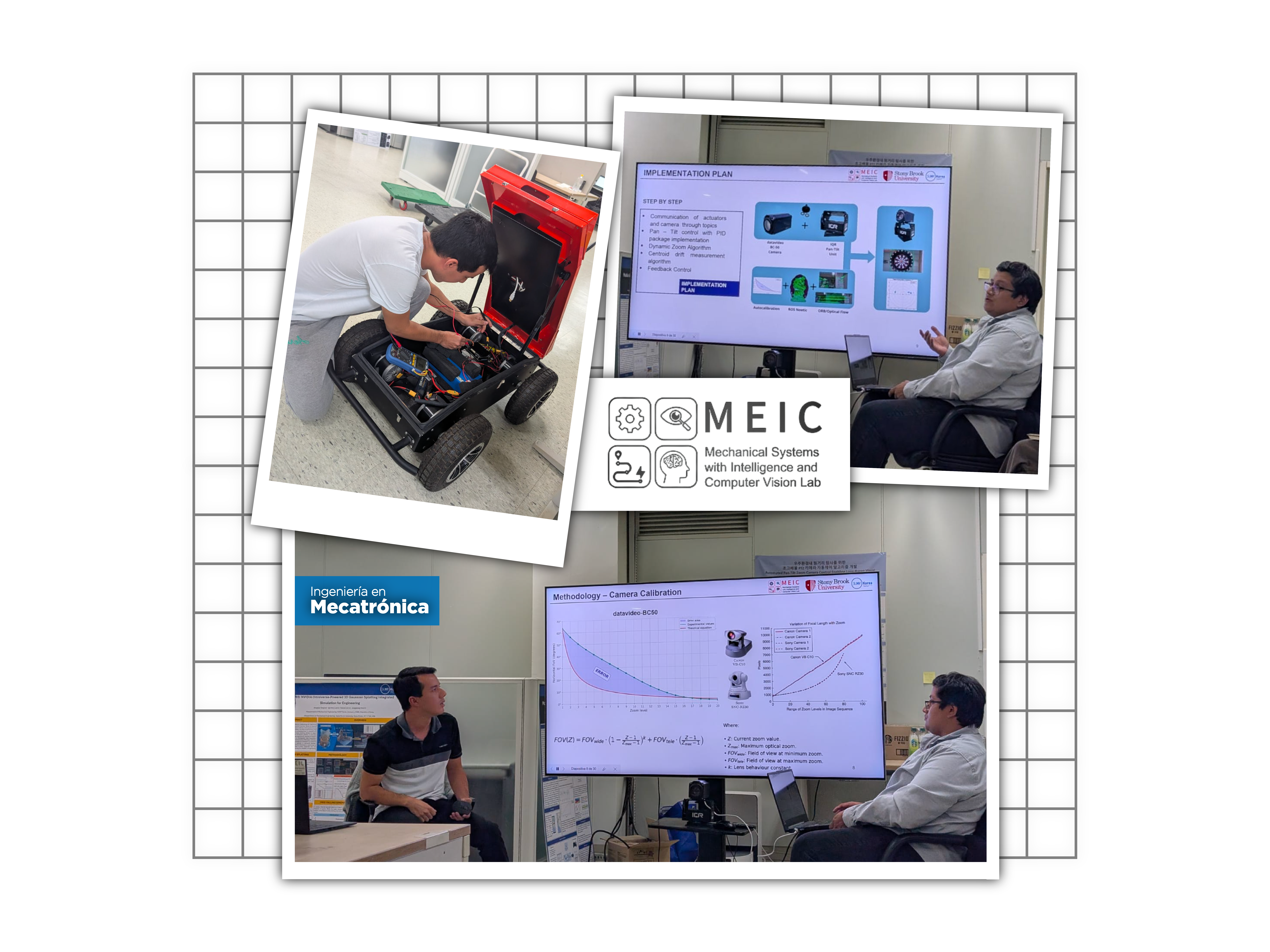 Collage de fotos de movilidad internacional por prácticas preprofesionales de estudiantes de Ingeniería en Mecatrónica en Corea del Sur en laboratorios de SUNY Korea