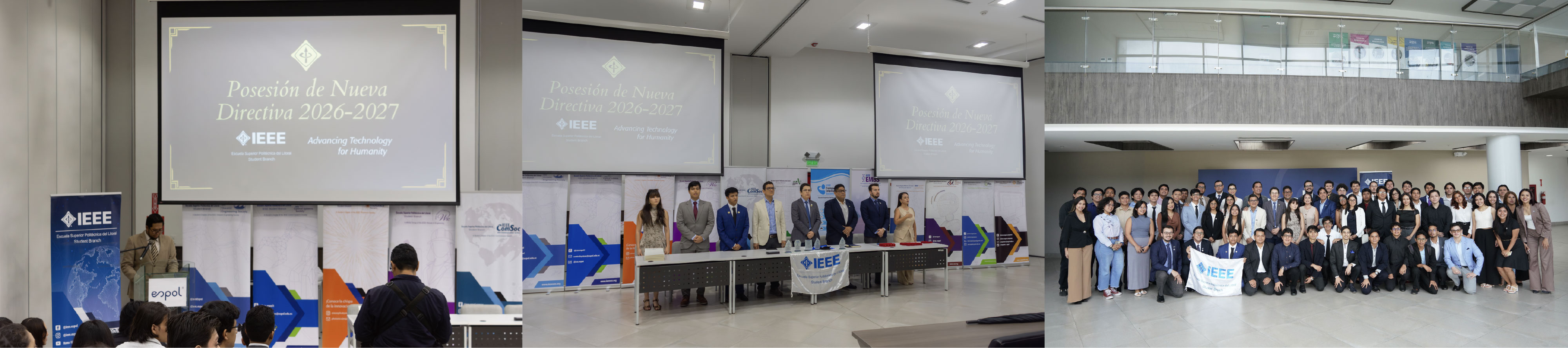 Collage de 3 fotos de Ceremonia de Posesión de Nueva Directiva de la Rama Estudiantil IEEE ESPOL
